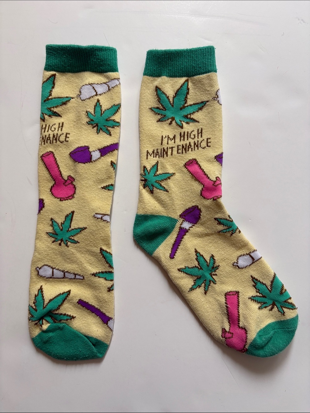 High Maintenance Green Trim Novelty Crew Socks - Yellow/Green